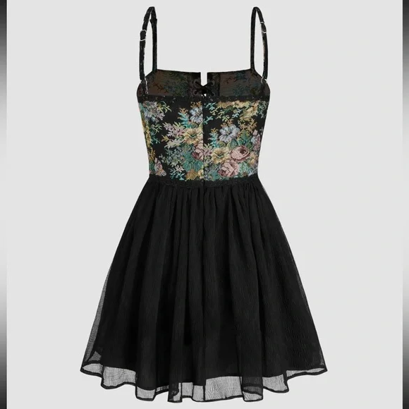 Black Floral Jacquard Fairycore Dress - Picture 2 of 4